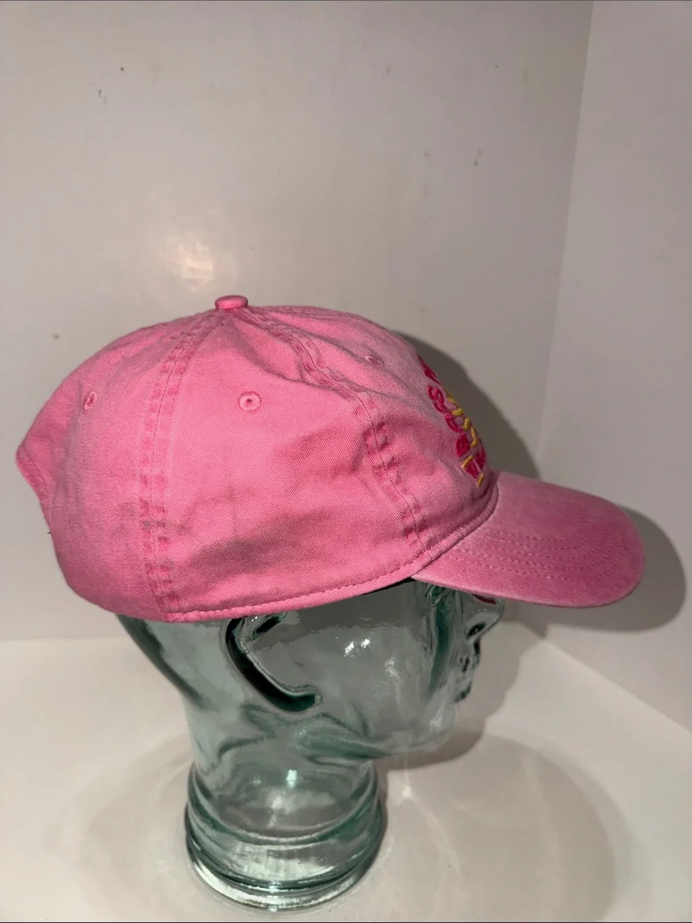 Vintage Bass Pro Shops Pink Baseball Cap with Yellow Sun Embroidery